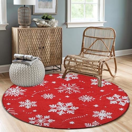 Large Machine Washable Circular Rugs, Home Decor Round Mat for Living Room Sofa Office Snowflakes Christmas Red Print
