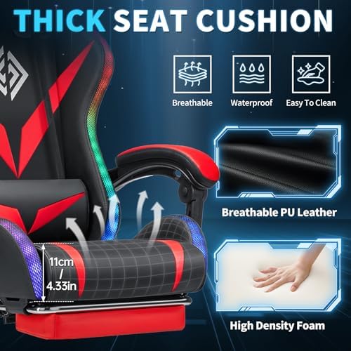 RGB Gaming Chair with Massage & Footrest Racing Style Computer Chair-Red