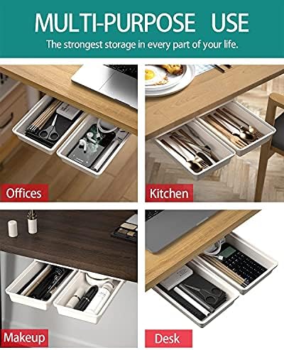 SVNNELP 2Pack Under Table Desk Drawer Storage Organizer Slide Out, Hidden Self-Adhesive Under Desktop Pencil Tray Drawer for Office,Classroom,Kitchen(S/white）
