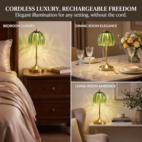Tulip Glass Rechargeable Table Lamp, Cordless Vintage Table Light (Green)