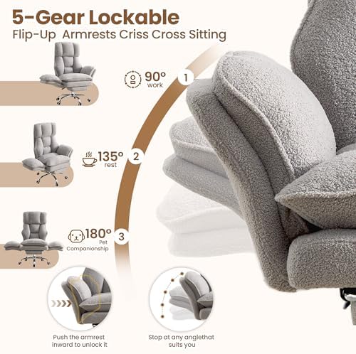 Big and Tall Office Chair with Flip Arms and Footrest, Teddy Criss Cross Legged Home Office Desk Chair with Pet Seat, Comfy Reclining Computer Gaming Chair, Grey