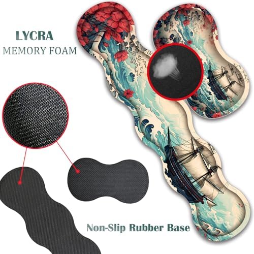 Mouse Pad Combo, Large Gaming Mouse Pad + Keyboard Wrist Support + Mouse Wrist Rest + Coaster, Table Pad 31.5 "x 11.8" with Memory Foam Ergonomic Wrist Pad Set, Pirate Ship Landscape Pattern