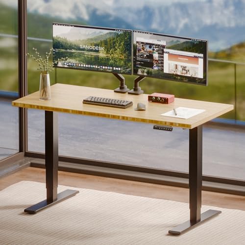 SANODESK Solid Bamboo Dual Motor Standing Desk, 220 lbs, 55×28