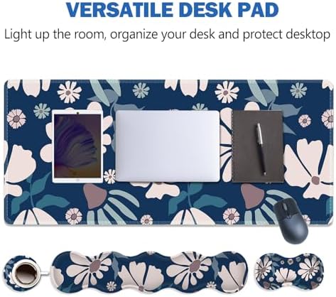 ARTSO Keyboard Mouse Pad Set, Blue Flower Large Gaming Mousepad +Keyboard Wrist Rest +Mouse Wrist Rest +Coaster, Ergonomic Mousepad Memory Foam Cushion for Home Office