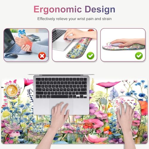 Large Mouse Pad with Wrist Support 4in1 Set, XXL Game Mousepad +Keyboard Wrist Rest+Mouse Wrist Rest+Coaster Ergonomic Design Gaming Mat for Home Office Table Computer I Gorgeous Rose Plants