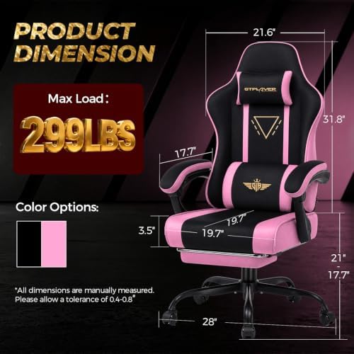 GTPLAYER Video Gaming Chair Fabric, Ergonomic Computer Chair with Footrest and Pocket Spring Cushion, Height Adjustable Video Gamer Chair with Lumbar Support for Adults, Pink