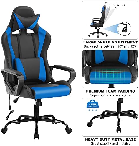 PC Gaming Chair Office Chair Racing Desk Chair with Lumbar Support Arms Headrest Massage High Back PU Leather Ergonomic Computer Chair Rolling Adjustable Swivel Chair for Women Men Adult, Blue