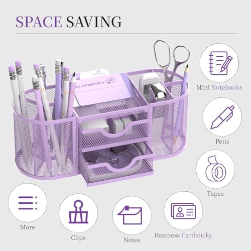 SUPEASY Mesh Desk Organizer, Pen Holder for Desk with 2 Drawers, Purple