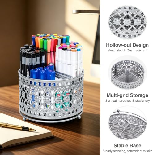 Pen Holder for Desk, 360 Degree Rotating Pencil Holder (Silvery)