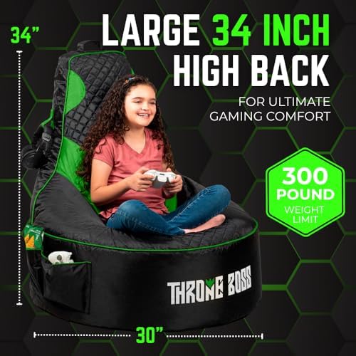 Gaming Bean Bag Chair Cover for Kids, High Back, Large Pockets, Green
