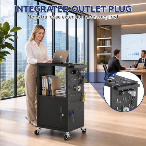 Mobile AV Cart Heavy Duty Computer Cart with Cabinet Push Handles Rolling Media Cart with Outlets Customized Pegboard & Hooks Multipurpose Utility Cart with Extra Storage Space
