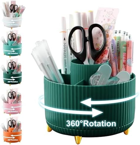 Cayxenful Pencil Holder For Desk,5 Slots 360°Degree Rotating Desk Organizers And Accessories,Desktop Storage Stationery Supplies Organizer, Cute Pencil Cup Pot For Office, School, Home (A-Green)