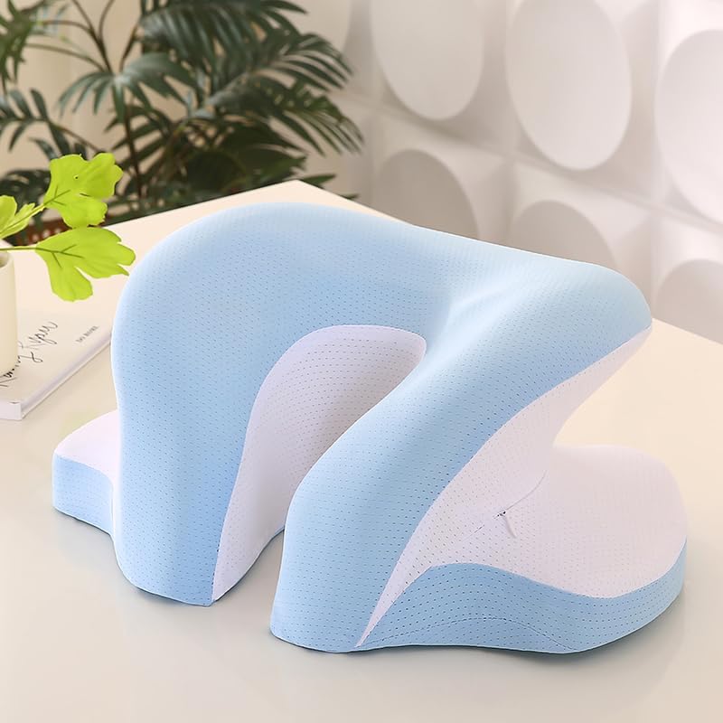 1 PC Cooling U-Shaped Nap Pillow for Desk, Ergonomic Face Down Sleep Cushion, Breathable Memory Foam Lunch Break Pillow for Office, Travel & Students (Clear Sky Blue)