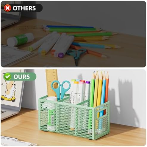 Marbrasse Mesh Pen Holder for Desk, Pencil Holder Desk Organizer 3 Adjustable Compartments, Pencil Cup with Handle Perfect for Classroom, Office, Home, Makeup, Art (Green)