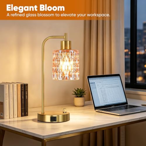 Table Lamps Set of 2, Champagne Glass Dimmable Bedside Lamps for Bedroom