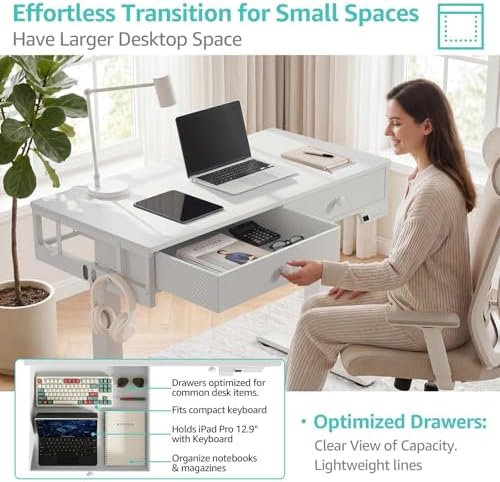 KLUVIS White Electric Standing Desk with Drawers, 39 Inch Small Adjustable Desk with Storage, Sit Stand Computer Study Writing Desks for Small Space Home Office, Stand Up Work Desks for Walking Pad