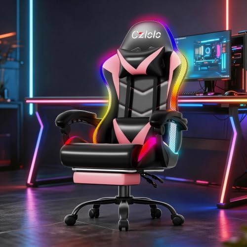 Czlolo Gaming Chair, RGB LED Lights Computer Chair with Footrest, Lumbar Support Massager Gamer Chair, High Back, 90-135° Reclining, Linkage Armrests, Pink