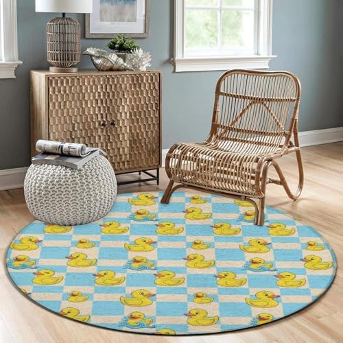 Soft Round Yoga Carpet, Office Chair Decor Round Mat for Carpet and Hardwood Floors Blue Checkered Funny Rubber Duck, 24inch