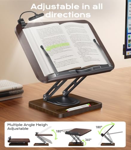 Book Stand with Light, 360° Rotating Holder with Page Clip, Ergonomic