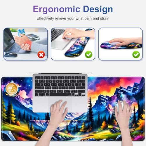 4 in 1 Large Mouse Pad, Keyboard Wrist Rest Set, Ergonomic Mouse Pad with Wrist Support, Desk Mat with Stitched Edges Extended Desk Pad Waterproof Desk Mat for Home Office Game I Landscaping Mountain