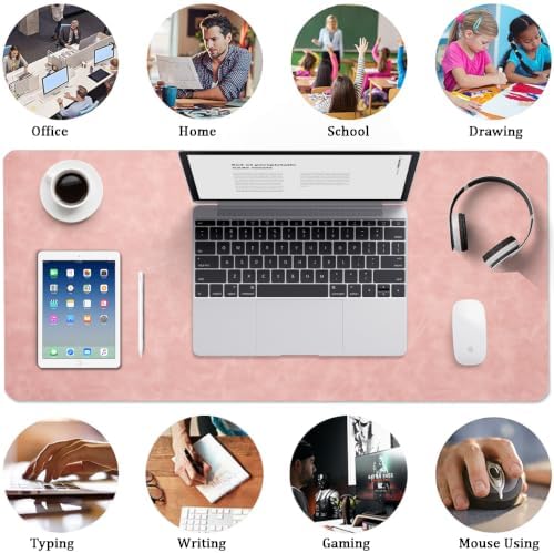 Distressed Leather Desk Mat - Non-Slip PU Leather Desk Pad Protector - Large Waterproof Mouse Pad Computer Keyboard Desk Mat Desk Accessories for Office & Home (Pink, 36"x17")