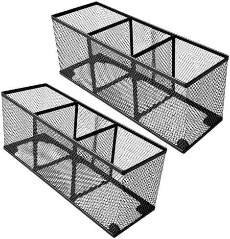 2-Pack Metal Mesh Pencil Holder, Spacious 3-Compartment Desk Organizer for Pens, Makeup Brushes, Utensils, Desktop Storage for Home, Office, School, Kitchen, 10.43x3.35x4.04 Inch, Black