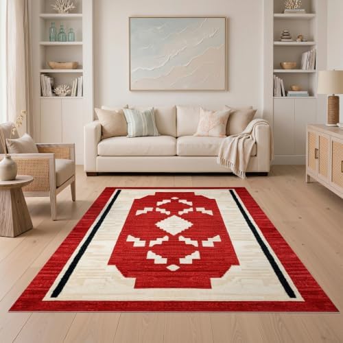 5'x7' Red Ivory Cat Crimson Boho Geometric Ultra-Soft Area Rug