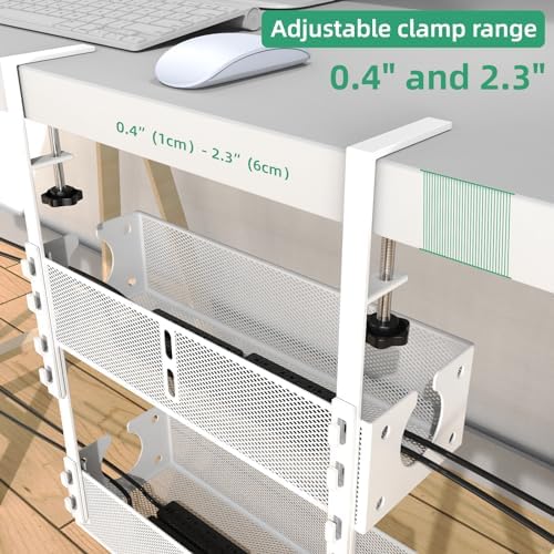 Multi-Model Under Desk Cable Management Tray 2 Packs Metal Under Desk Wire Management Clamp Mount Under Table Cord Management No Damage The Desk (White)