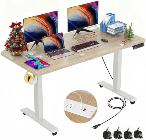 farexon 48 x 24 inch Standing Desk Electric Adjustable Height with Power Outlets, Stand up Desk with Wheels, Preset Heights Home Office Gaming Computer Workstations Table（Oak