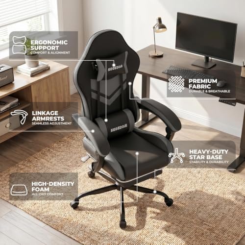 Gaming Chair with Footrest & Massage Lumbar Support, PU Leather Ergonomic High Back Swivel Height Adjustable Chair for Adults, Office Gaming, 300 lbs (Black Grey)