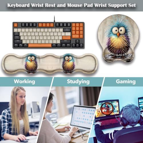 Ergonomic Keyboard Wrist Rest & Mouse Wrist Support Set with Lace Coaster, Gel Memory Foam Anti-Slip Base, Pain Relief for Typing, Colorful Fuzzy Chicken