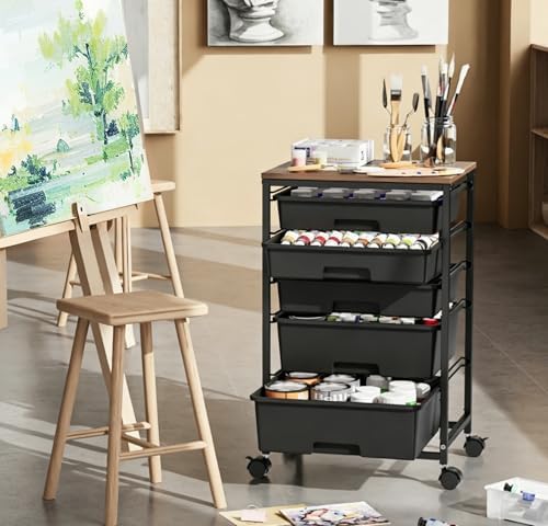 SYKIARIOL 5-Tier Rolling Cart with Drawers with Wooden Top, Black