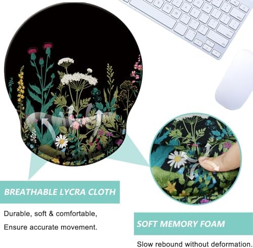 Mouse Pad with Wrist Support, Ergonomic Mouse Pad with Memory Foam Wrist Rest Cushion, Non-Slip Rubber Base Gaming Mice Pad for Home Office Computer Laptop, Flowers Grass