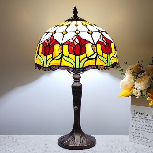 Tiffany Table Lamp Red Tulip Style Stained Glass Lamp 12 Inches Antique Desk Light for Home Office Bedroom Bedside Nightstand Living Room,Include LED Bulb
