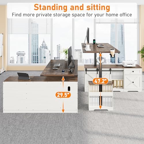 St.Mandyu L Shaped Electric Standing Desk 63" White with Power & Storage