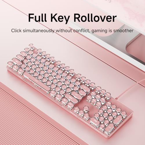 Wired Typewriter Style Mechanical Keyboard with White Backlit, Cute-Pink