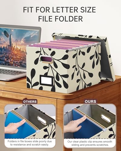 Oterri 2 Pack File Storage Organizer, Document Organizer, Portable File Box with Lid, Fit for Letter/Legal File Folder Storage,Leaf Black/Cream-Box only