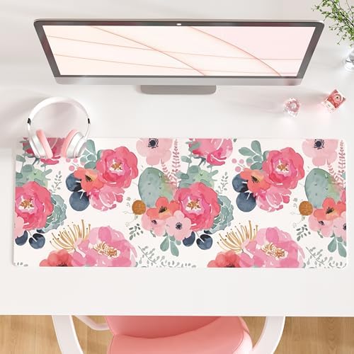 QIYI PU Leather Large Mouse Pad, Waterproof Desk Mat, 31.5" x 11.8", Peony