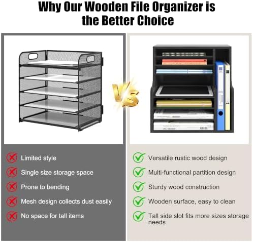 Wood Desktop File Holder Organizer Mail Sorter for File Folders, Mails, Envelopes or Magazines, 8 Compartments (Black)