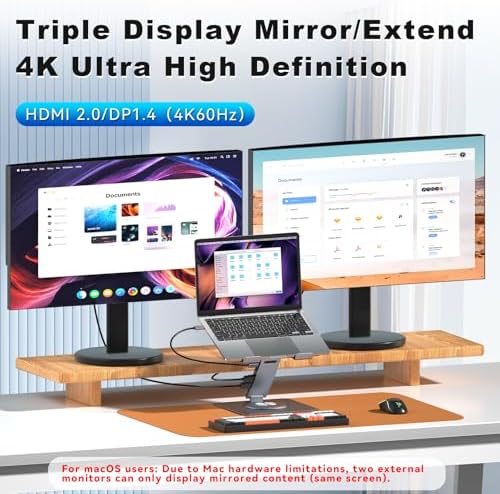 Laptop Docking Station Stand 11-IN-1 Triple Display HDMI DP 4K60Hz Gigabit Ethernet USB3.1 PD100W SD/TF Card Reader Audio 360°Swivel Laptop Stand with USB Hub for MacBookPro/Air/Dell/HP/Surface/Lenovo