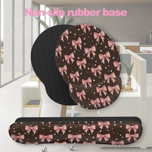 Cute Pink Bows Keyboard Wrist Rest Pad Mouse Pad Set,Ergonomic Mousepad Wrist Support Memory Foam Desk Pad for Gaming Office,Non-Slip Rubber Base Easy Typing for Home Office Computers