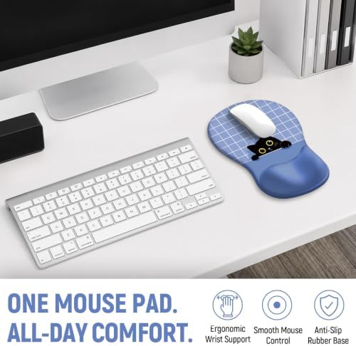Ergonomic Mouse Pad with Wrist Rest, Gel Wrist Support, Blue Cat