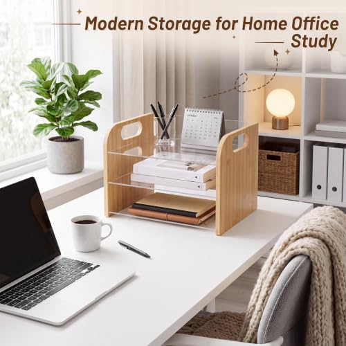 Marsui 3 Tier Desk Paper File Organizer, Bamboo & Acrylic Letter Tray