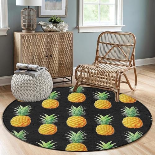 Large Machine Washable Circular Rugs, Home Decor Round Mat for Living Room Sofa Office Tropical Fruits Pineapple
