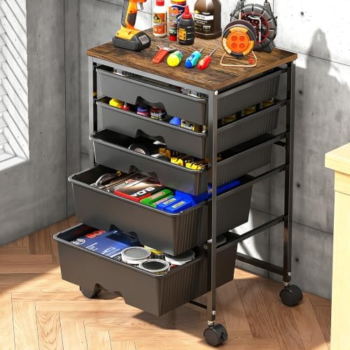 Goovilla Rolling Cart with 5 Drawers for Craft, Art, Dorm, Office, Black
