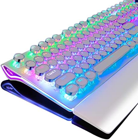 RK ROYAL KLUDGE S108 Typewriter Mechanical Keyboard, Full RGB Gaming Keyboard, Wired PC Game Keyboards with Detachable Wrist Rest and Number Pad, Retro Round Keycaps, Brown Switch White