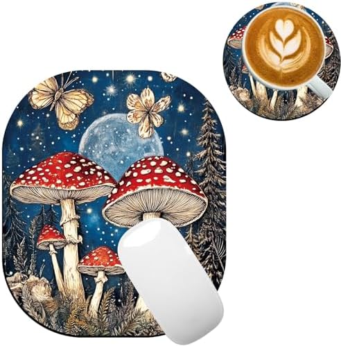 Small Mouse Pad，Mini Mouse Pad 6 x 7 Inch，for Laptop Keyboard Tray Wireless Mouse Home Office Travel，with Non-Slip Rubber Base, Waterproof Mouse Mat，Moonlit Mushrooms Forest