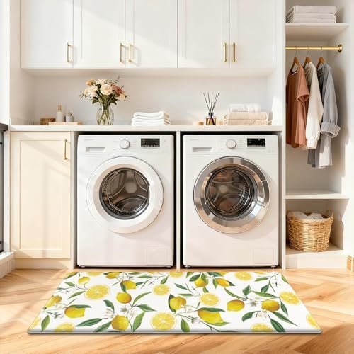 SHACOS Anti Fatigue Lemon Kitchen Rug Runner 17"x47" Kitchen Mats for Floor Non Slip Soft Cushioned Standing Mat Wipeable Waterproof Floor Mat, White