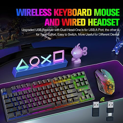Wireless Membrane Gaming Keyboard and Mouse Set with 87Key Tenkeyless-Black