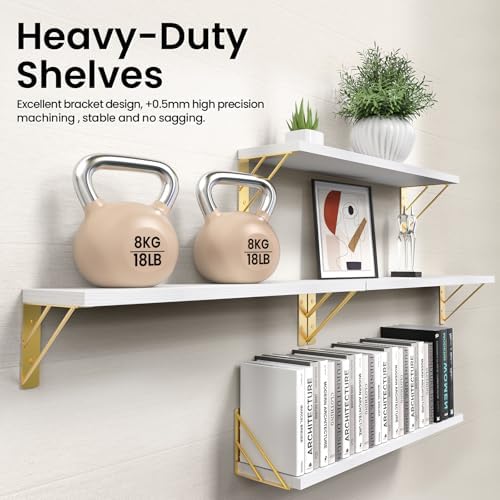 BAYKA 22.4 in Long Wall Mounted Floating Shelves (White and Gold, Set of 4)